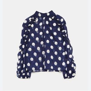 Zara Navy Polka Dots Ruffled Blouse Size Small S